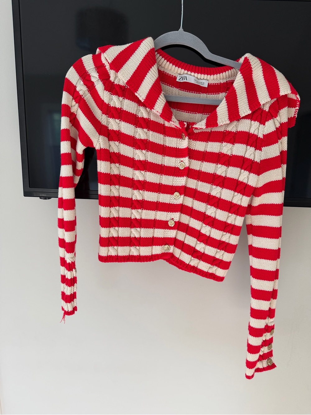 Zara Red & White Striped Button-Up Knit Cardigan